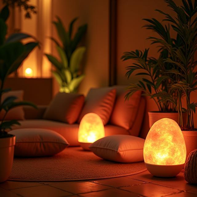 Loungegebied met planten en zoutlampen